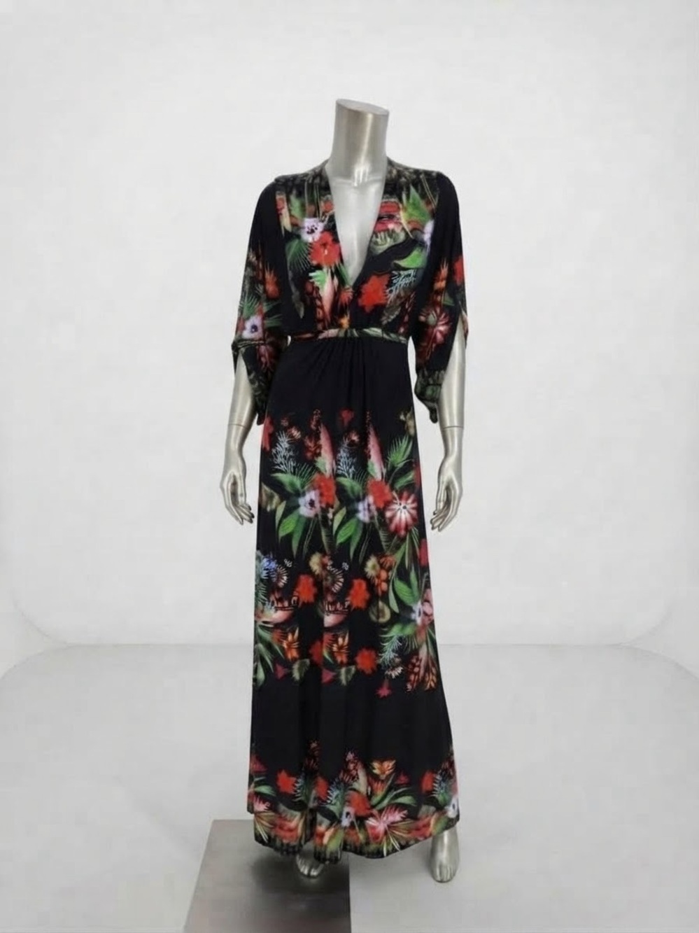 New York & Company XS Tropical Floral Maxi Dress Kimono Sleeve Empire Waist